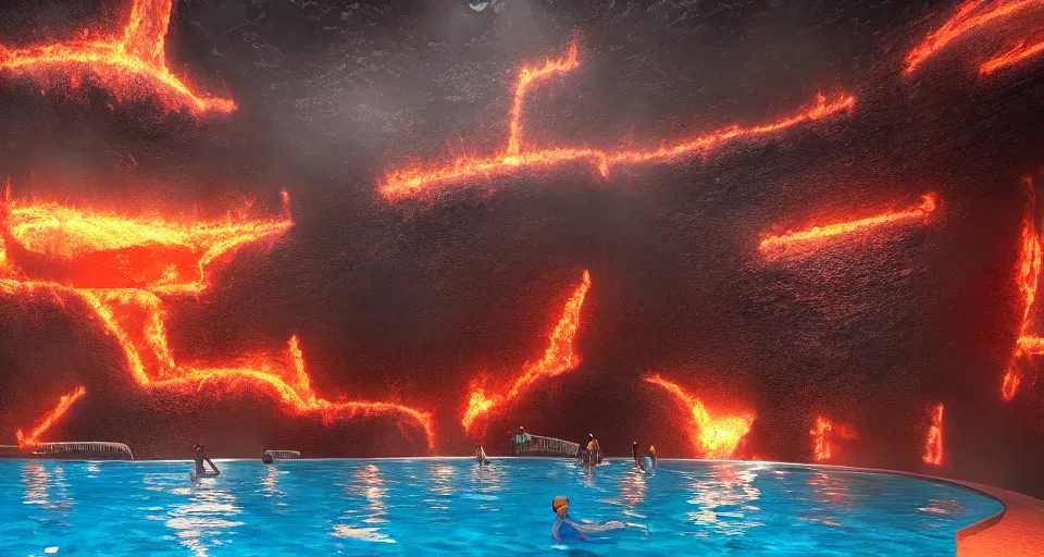 Prompt: swimming pool inside a volcano. Instead of water, there is lava and people are swimming and playing inside. 4k, high detail, volumetric lighting