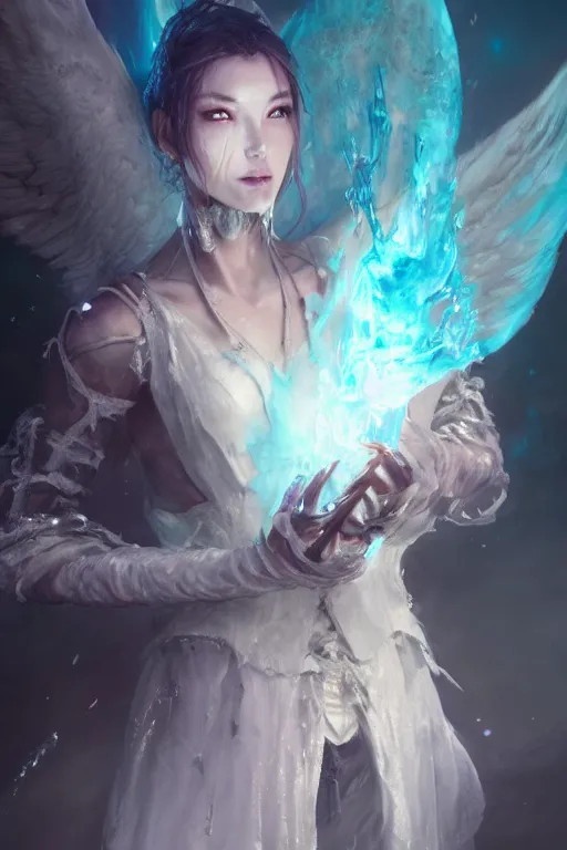 Image similar to beautiful girl necromancer, witch - doctor covered with ice exploding into ice, angels, 3 d render, hyper realistic detailed portrait, holding fire and electricity, ruan jia, wlop. scifi, fantasy, magic the gathering, hyper detailed, octane render, concept art, peter mohrbacher