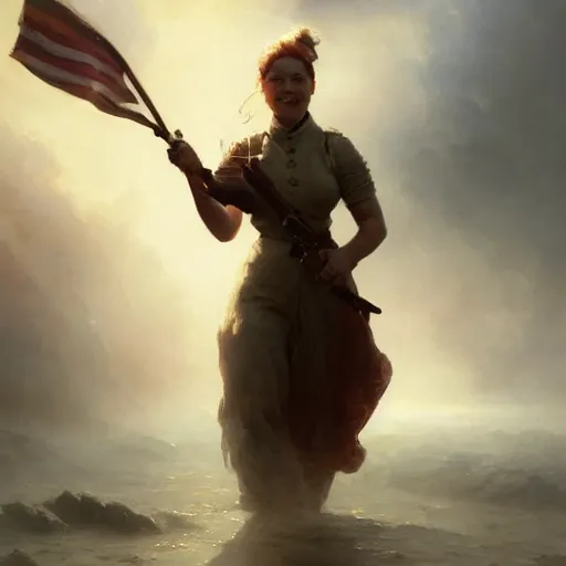 Image similar to cinematic shot epic portrait an female soldier smiling, majestic, beautiful, blush, sweaty skin, battlefield backround, broad light, ambient occlusion, volumetric light effect, made by ivan aivazovsky, peter mohrbacher, greg rutkowski, matte painting, trending on artstation, 4 k, perfectly defined features, digital painting, cinematic, epic, highly detailed,