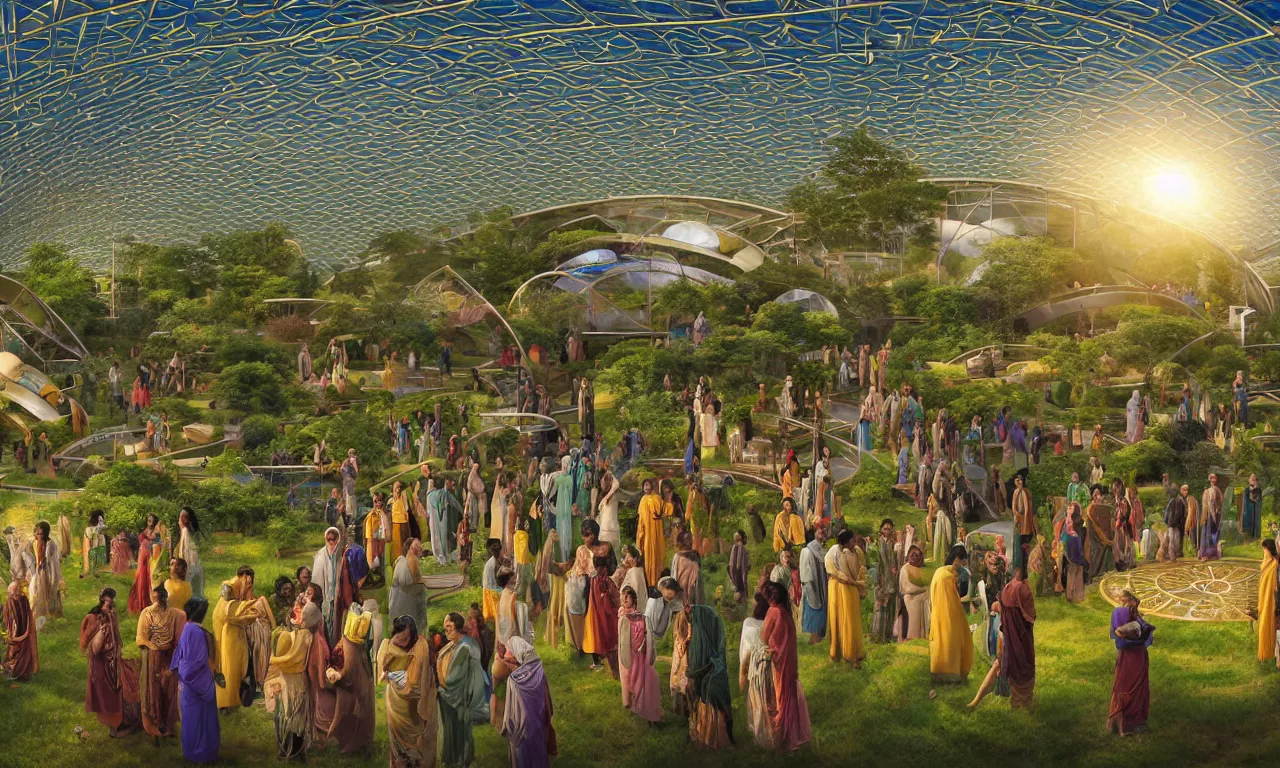 Prompt: very very beautiful portrait of a utopian society, caucasian asian indian african ethnicities, in harmony with nature, solarpunk, community celebration, with detailed realistic smiling faces, surrounded by advanced elegant factory machinery, galaxy and stars visible through the hexagonal glass roof, biomechanical, symmetrical, sunrise, golden ratio, elegant, visionary, streamlined, elite, lush, atmospheric, volumetric lighting, haunting, wide angle, cinematic, trending on artstation, unreal engine, 8k, vivid and vibrant