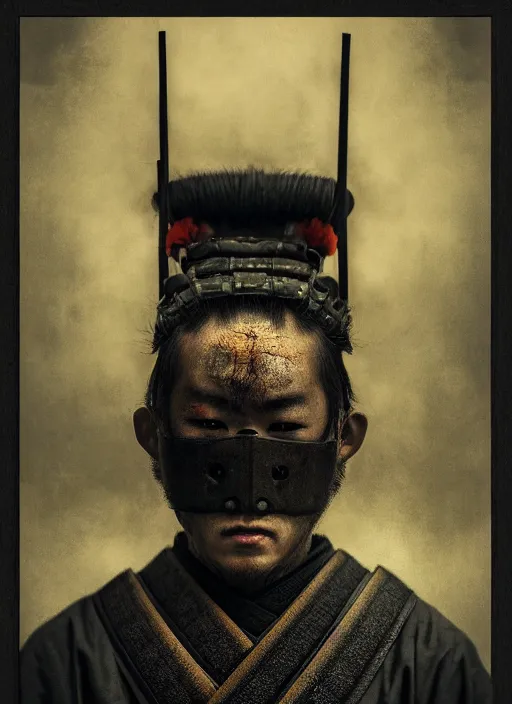 Image similar to samurai portrait, symmetrical face, wearing mempo mask, after a battle, dirt and unclean, extreme detail, cinematic, dramatic lighting render, photorealism photo by national geographic, tom bagshaw, masterpiece