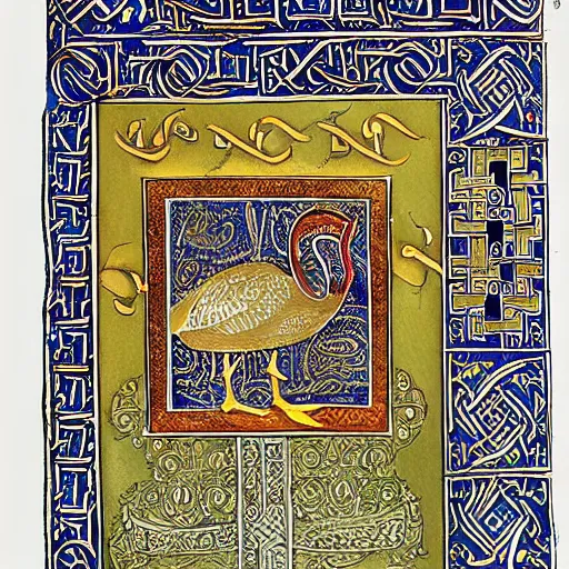 Image similar to book of kells, illustration of a duck, ink and dye on calfskin vellum