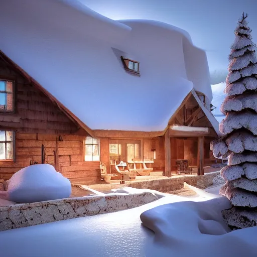 Image similar to cozy little hotel in the snowy mountains, octane render, hyperrealistic, details, cryengine, artstation trending, by greg rutkowsky