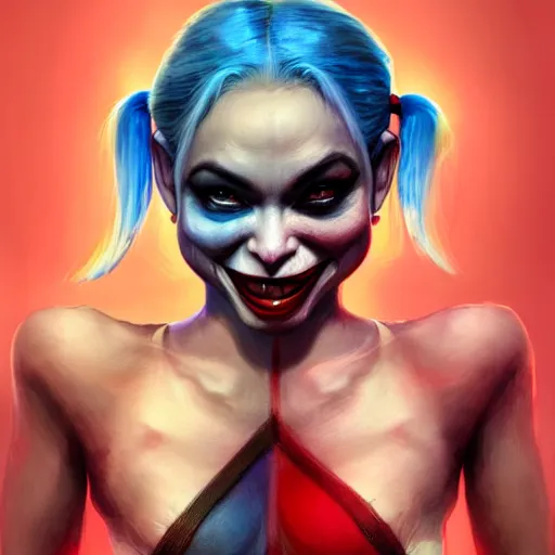 Image similar to Harley Quinn but she's a beautiful ape kid with long pony tails on either side of her head, mayhem, illustration, by James Jean, artgerm, octane render, by John Coltrane and Marc Simonetti, Manic, inspired by Greg rutkowski, colorful, high detail of the face, full body