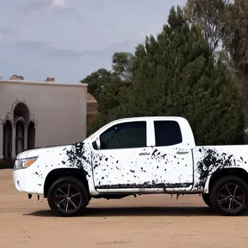 Prompt: Inflatable white Toyota pickup with paint splatter