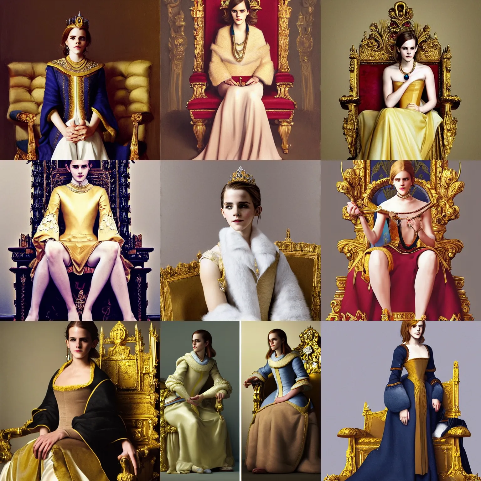 Prompt: model Emma Watson sitting on queens throne royalty wearing royal mantle gold jewelry by moebius and atey ghailan by james gurney by vermeer by George Stubbs trending on artstation