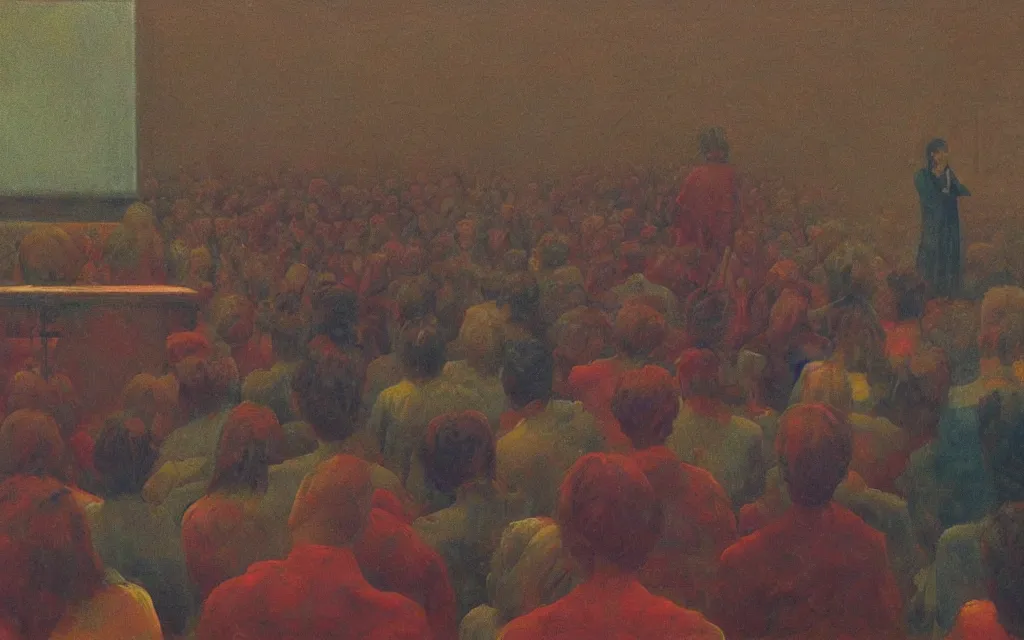 Image similar to charli d'amelio giving a lecture in a crowded physics auditorium at harvard university, oil painting by zdzisław beksinski, iridescent color palette chromatic aberration