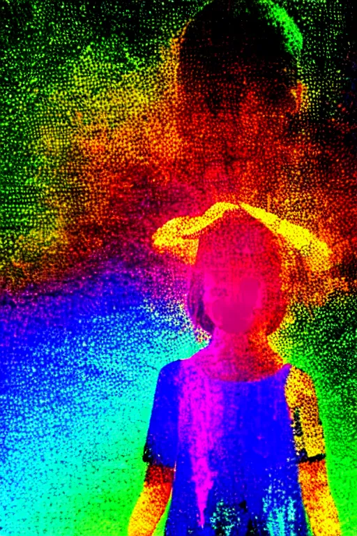 Prompt: girl in rainbow dress dancing, Anime style, glitchy, glitch art, chromatic aberration, halo over her head