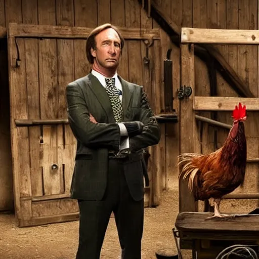 Image similar to saul goodman and a rooster in a medieval torture chamber, scary torture devices in the background, horror movie, saul goodman, rooster, real life photo