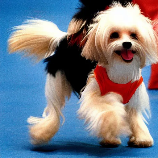 Prompt: “a cream-colored havanese dog in a break dancing contest, 1988, Los Angeles, Kodachrome, 10 mm, photo”