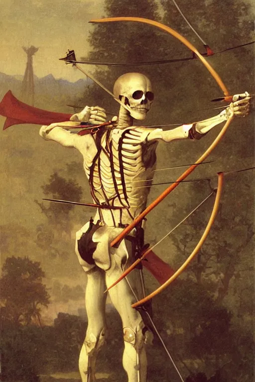 Image similar to portrait of a skeleton archer with bow and arrow in the middle world, wearing helmets with wings, wearing european style armor, holding a sword in both hands, symmetrical, solemn, sacred, aura, by bouguereau