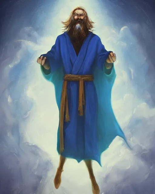 Image similar to Hyper realistic painting of a wizard in a blue robe, by Anato Finnstark, detailed, beautiful, trending on artstation