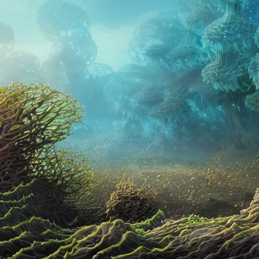 Image similar to a beautiful detailed matte painting of seaweed growing out of strange Xanthic mushrooms, pattern, fractals, moebius, trending on artstation