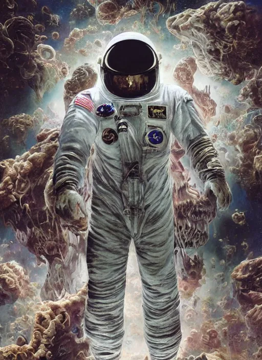 Image similar to astronauts in the dark infinite underwater void - complex and hyperdetailed technical suit, fabric material. reflection and dispersion materials. rays and dispersion of light. volumetric light. wide angle, f / 3 2. noise film photo. flash photography. ultra realistic, wide angle. poster by wayne barlowe, hajime sorayama aaron horkey, craig mullins