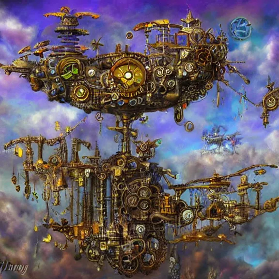 Image similar to flying city in a mechanical flower, sky!, fantasy art, steampunk, masterpiece, behrens style