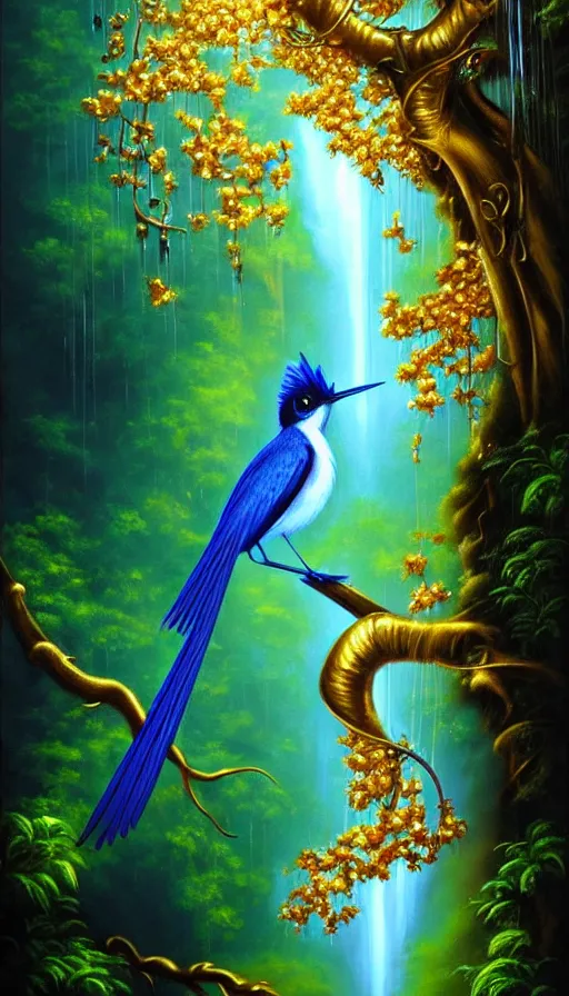 Image similar to paradise flycatcher, lush forest, gold, gems, dramatic lighting, waterfall, denoised, gothic architecture, baroque, painted by the best artists of artstation, best art in the world