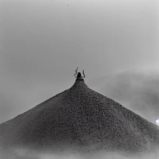 Prompt: an indigenous crowd of shamans, spiritual healers, human mountain in sandstorm, sebastiao salgado