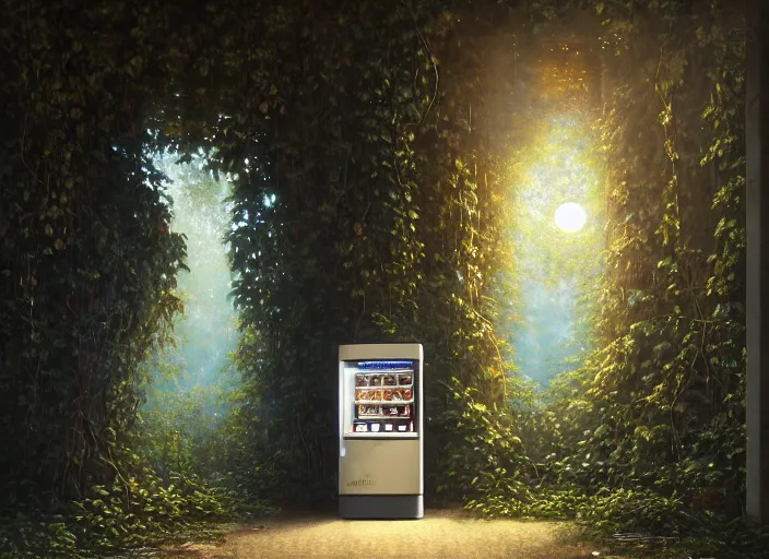 Image similar to close up of a vending machine in an abandoned shopping mall, big trees, overgrown by flower, vines, at night, rays of moonlight, full moon, hyperrealistic, highly detailed, oil painting, intricate, cgsociety, artstation, 8 k, cinematic, soft lighting, by greg rutkowski, by wlop, by artgerm