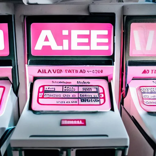 Image similar to a wide angle filmic polaroid photo of pale pink tickets printing from a ticket machine in an outdoor arcade. with symbols, airline data that read “ to the metaverse ” in bold red text, alien ar code and e - ink display, highly detailed, no noise, coherent text english characters