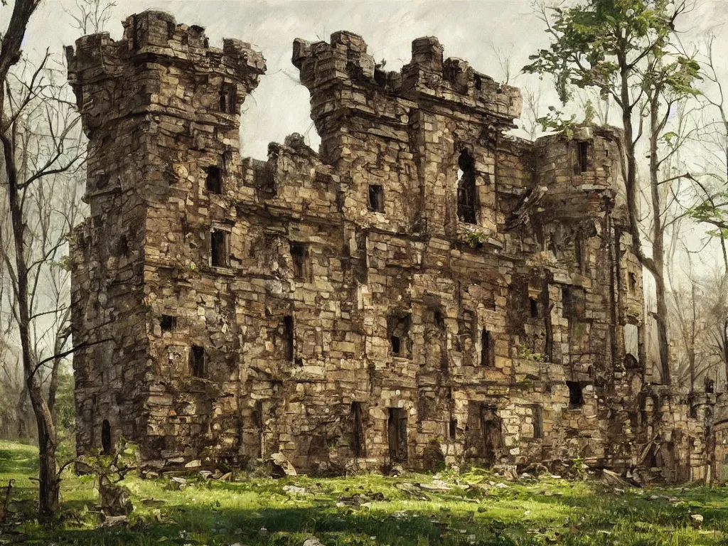 Image similar to A beautiful painting of a dilapidated ancient castle building in the wood, by Coby Whitmore, Trending on artstation, very detailed