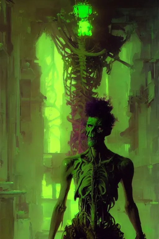 Prompt: neon green skeleton in a purple room portrait dnd, painting by gaston bussiere, craig mullins, greg rutkowski, yoji shinkawa