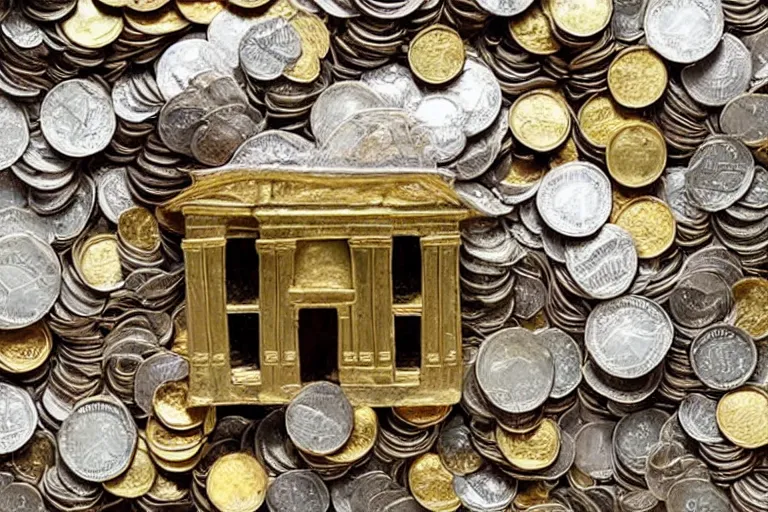 Image similar to a partly constructed house, made of money, coins, notes, gold