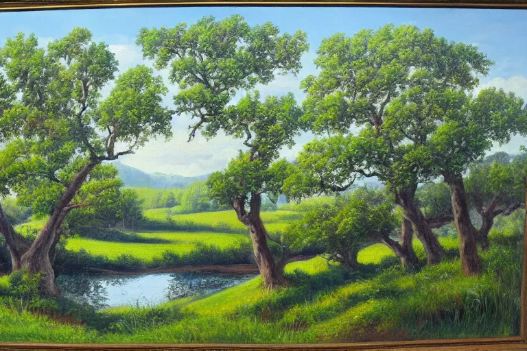 Image similar to masterpiece painting of oak trees on a hillside overlooking a creek, by harold elliott