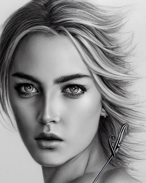 Prompt: pencil drawing of beautiful greek goddess aphrodite with arrowhead jewelry, beautiful piercing eyes, beautiful blonde hair flying in the wind, hyper realistic face, in the style of greg rutkowski, fantasy, amazing detail, epic, elegant, smooth, sharp focus, from the front