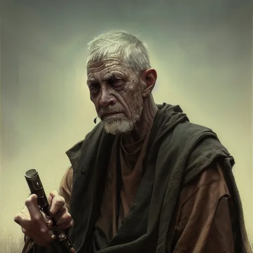 Image similar to portrait painting of a post - apocalyptic blind older american man wearing monk garbs, ultra realistic, concept art, intricate details, eerie, highly detailed, photorealistic, octane render, 8 k, unreal engine. art by artgerm and greg rutkowski and charlie bowater and magali villeneuve and alphonse mucha