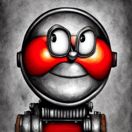 Prompt: surrealism grunge cartoon portrait sketch of wall-e with a wide smile and a red balloon by - michael karcz, loony toons style, wall-e style, horror theme, detailed, elegant, intricate