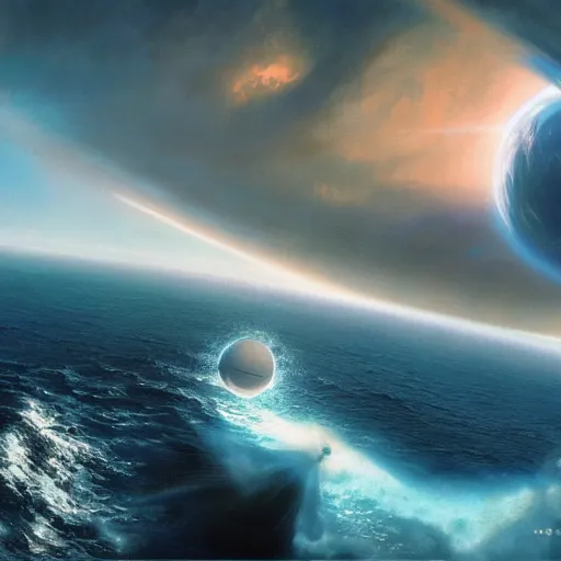 Image similar to beautiful matte painting of a dreamy ocean with clouds, sci - fi, daylight, blue sky, cinematic lighting, cinematic perspective, black hole planet above, syd mead, john harris, federico pelat, detailed, 4 k, hd