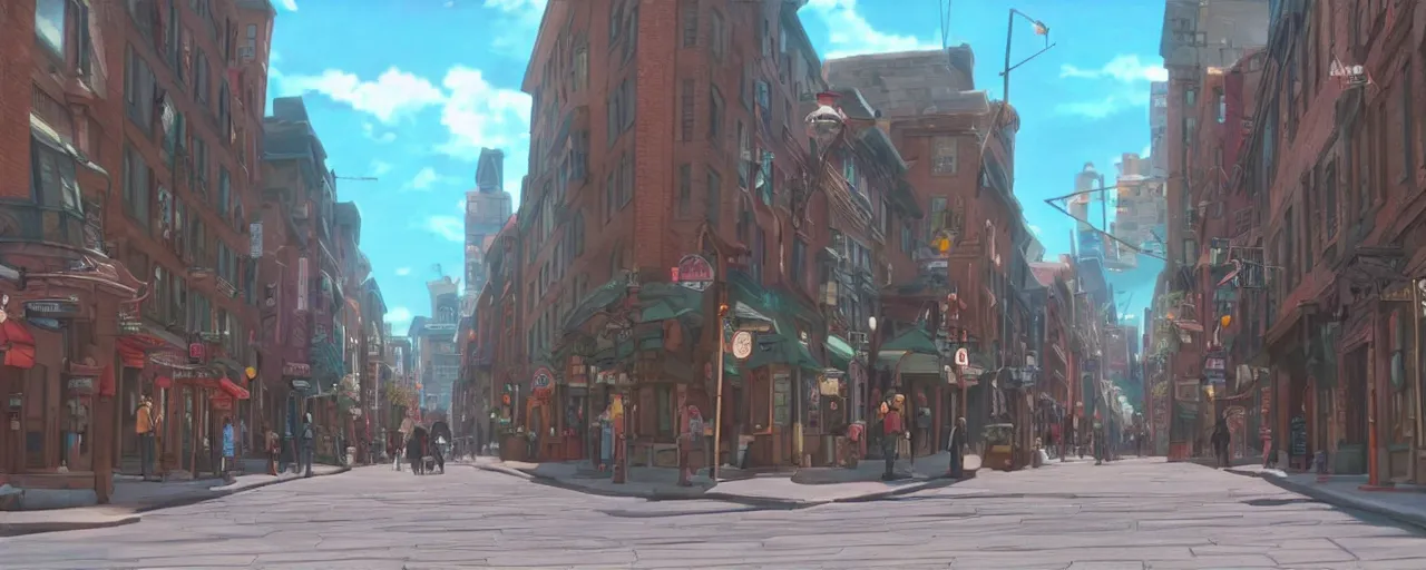 Image similar to A screenshot of the old montreal city street in the scene in the Ghibli anime film, pretty rim highlights and specular