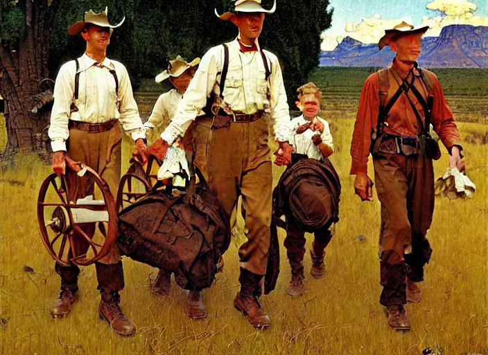 Image similar to mormon pioneers by norman rockwell, highly detailed