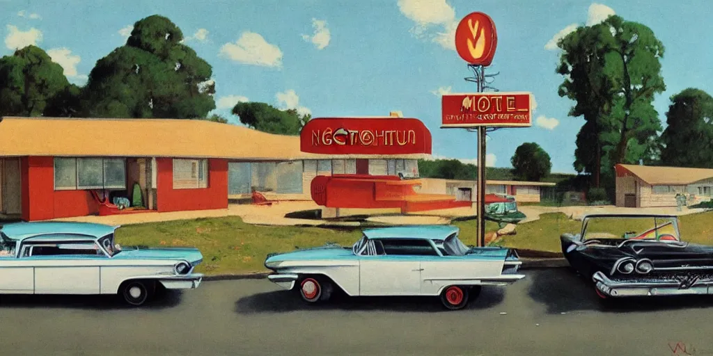 Prompt: 1 9 6 0 s americana painting of a motel and motel sign with a car parked outside by norman rockwell, panovision