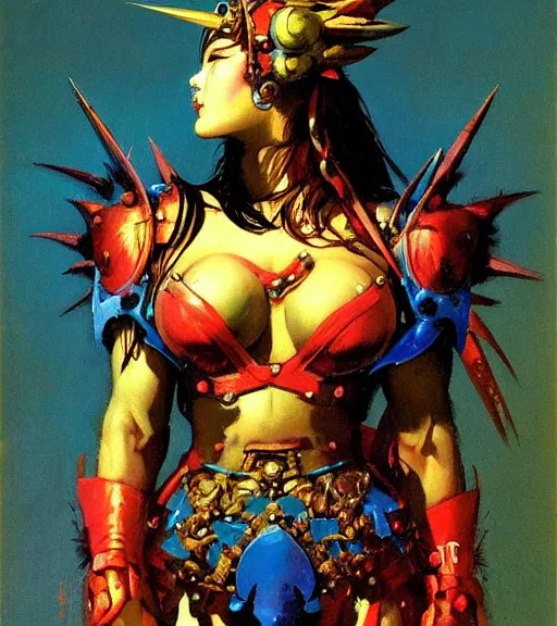 Image similar to portrait of strong korean female chaos angel, beautiful! coherent! by frank frazetta, by brom, strong line, vivid neon color, spiked scrap metal armor, iron helm maximalist