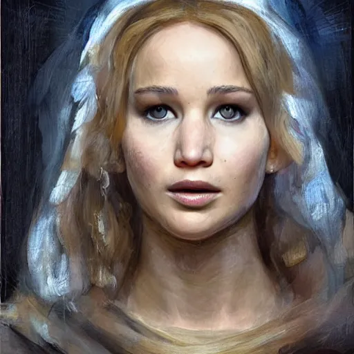 Prompt: portrait of Jennifer Lawrence in the style of The Sacrifice of Abraham by Rembrandt, oil painting, masterpiece, old master, grand master, symmetrical facial features, intricate, elegant, digital painting, concept art, smooth, sharp focus, illustration, from StarCraft by Ruan Jia and Mandy Jurgens and Artgerm and William-Adolphe Bouguerea