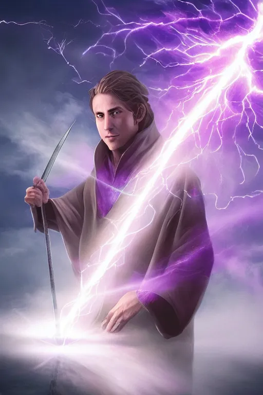 Prompt: hyper realistic mystical wizard holding a sword that’s pointed towards the sky, sword is getting shocked by purple lightning, wizard is levitating over a lake, reflection, octane, trending on artstation, hyper realistic, highly detailed, 8k