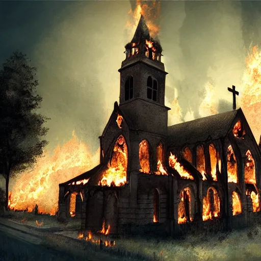 Image similar to a church burning down, trending on artstation, beautiful, highly detailed