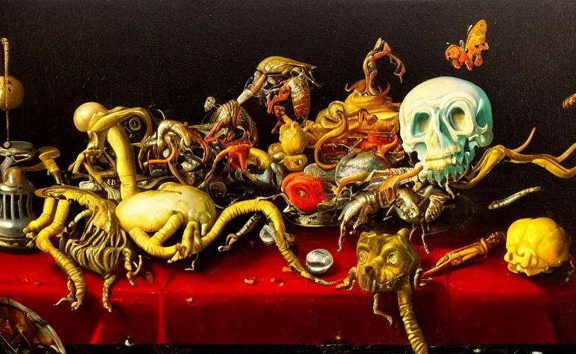 Image similar to disturbing colorful oil painting dutch golden age vanitas still life with bizarre objects strange gooey surfaces shiny metal bizarre insects rachel ruysch dali todd schorr very detailed perfect composition rule of thirds masterpiece canon 5 0 mm, cinematic lighting, photography, retro, film, kodachrome