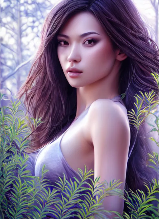 Image similar to photo of a gorgeous female in the style of stefan kostic, realistic, half body shot, sharp focus, 8 k high definition, insanely detailed, intricate, elegant, art by stanley lau and artgerm, extreme bokeh foliage