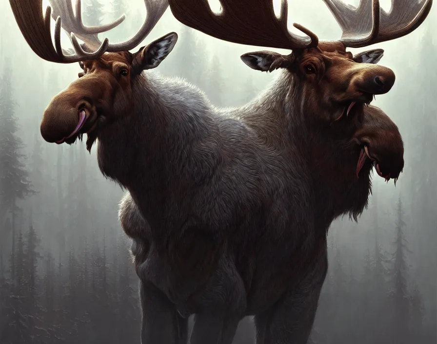 Prompt: a painting of a spectral moose, intricate, d & d, fantasy, art nouveau, digital painting, trending on artstation, sharp focus, illustration, global illumination, ray tracing, art by artgerm and greg rutkowski and ruan jia