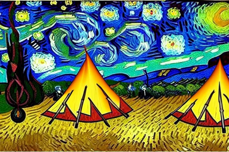 Image similar to van gogh painting of a campsite with bonfire