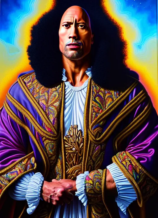 Prompt: beautiful oil painting, full length portrait of dwayne the rock Johnson as Louis xiv in baroque coronation robes 1701, Dan Mumford, Dan Mumford, Alex grey, hyacinthe rigaurd, highly detailed , lsd visuals, dmt fractal patterns, visionary art, psychedelic art, ornate, vaporwave, baroque, Greg rutkowski