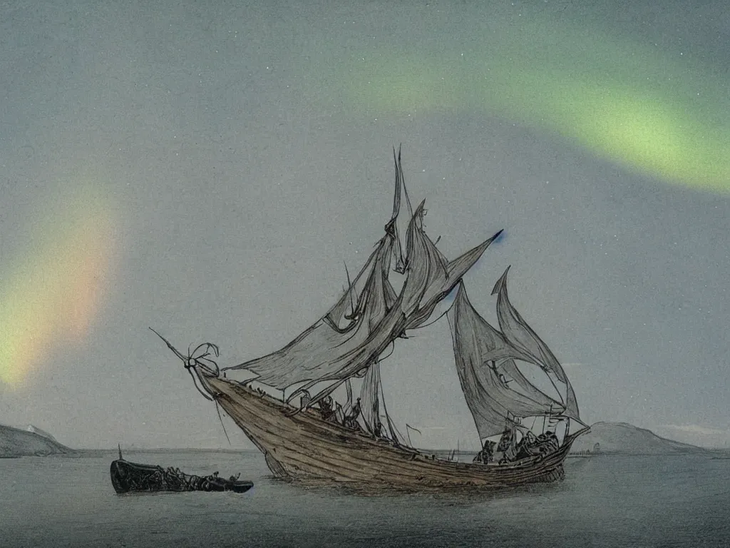 Image similar to Viking ship in the sea next to the fjords with northern lights above them in the art style of Theodor Kittelsen