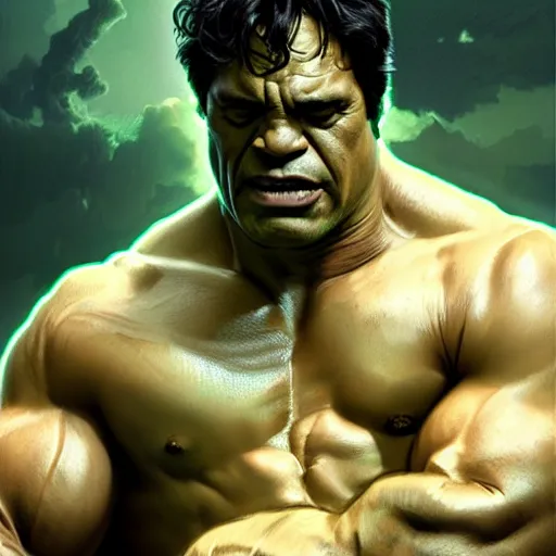 Prompt: mark ruffalo the hulk flexing his muscles, cinematic volumetric lighting f 8 aperture cinematic eastman 5 3 8 4 film photorealistic by greg rutkowski by stanley artgerm by alphonse mucha