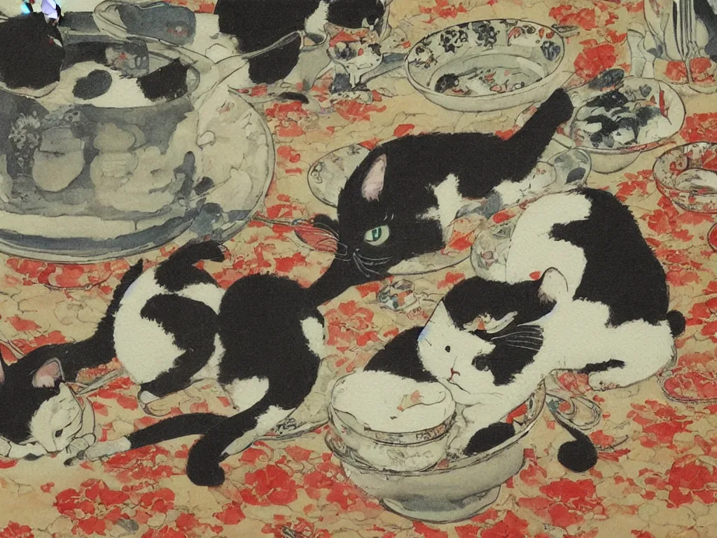 Image similar to cat breaking the china. Painting by Tsuguharu Fujita