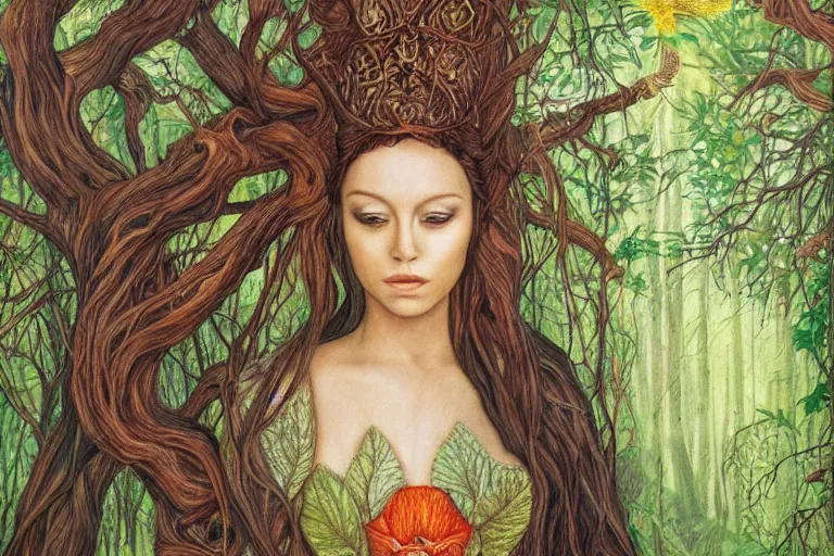 Prompt: a calm beautiful queen sitting in the forest by amanda sage, portrait,