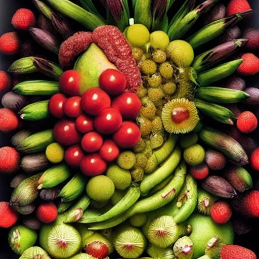 Image similar to giuseppe arcimboldo, beautiful fruit face, new scifi movie, film still