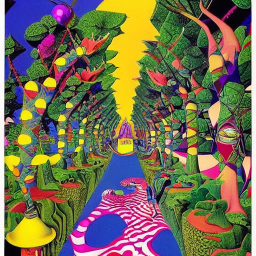 Prompt: a maddeningly colorful, psychedelic strange world of alice in wonderland by mc escher