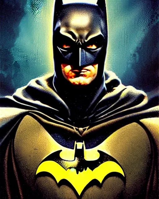 Image similar to batman, character portrait, portrait, close up, concept art, intricate details, highly detailed, vintage sci - fi poster, retro future, vintage sci - fi art, in the style of chris foss, rodger dean, moebius, michael whelan, and gustave dore